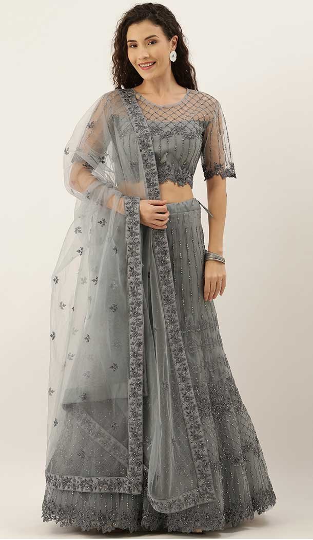 Grey Color Net Designer Heavy Mehendi Sangeet Wear Lehenga Choli -789133129