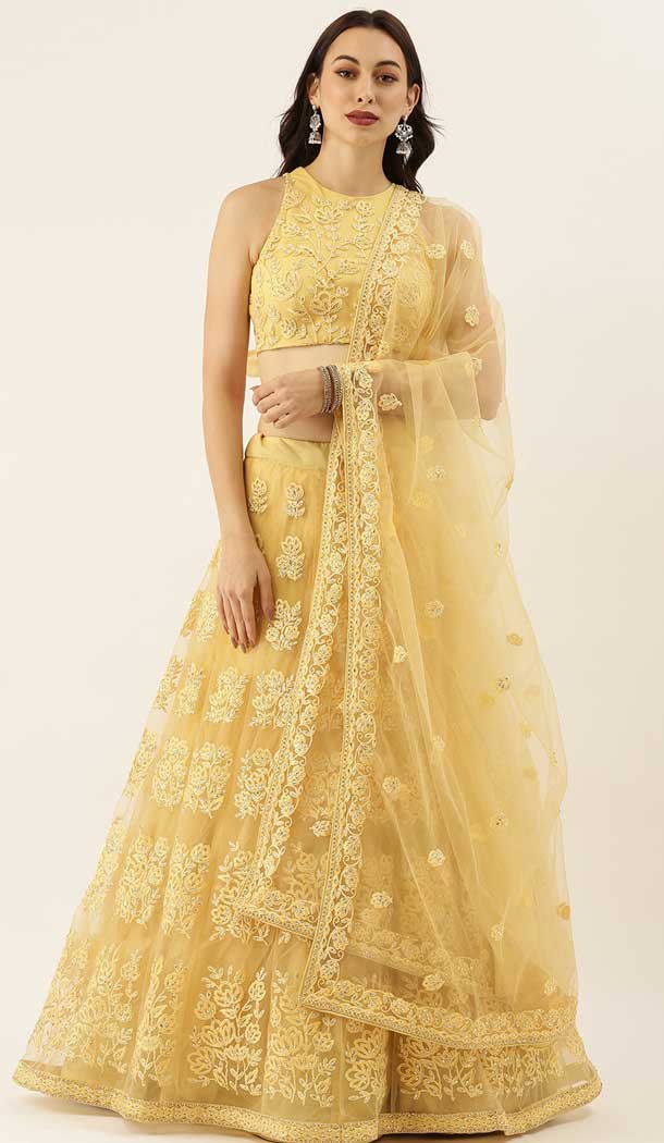 Cream Color Net Designer Heavy Mehendi Sangeet Wear Lehenga Choli -789133138