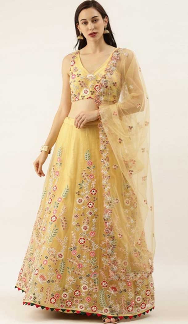 Elegant Yellow Color Net Designer Heavy Mehendi Sangeet Wear Lehenga Choli -789133139