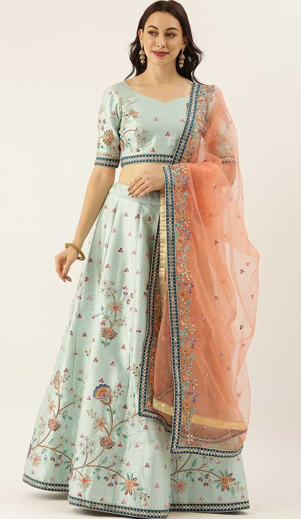 Engaging Mint Color Art Silk Designer Heavy Mehendi Sangeet Wear Lehenga Choli -789133140