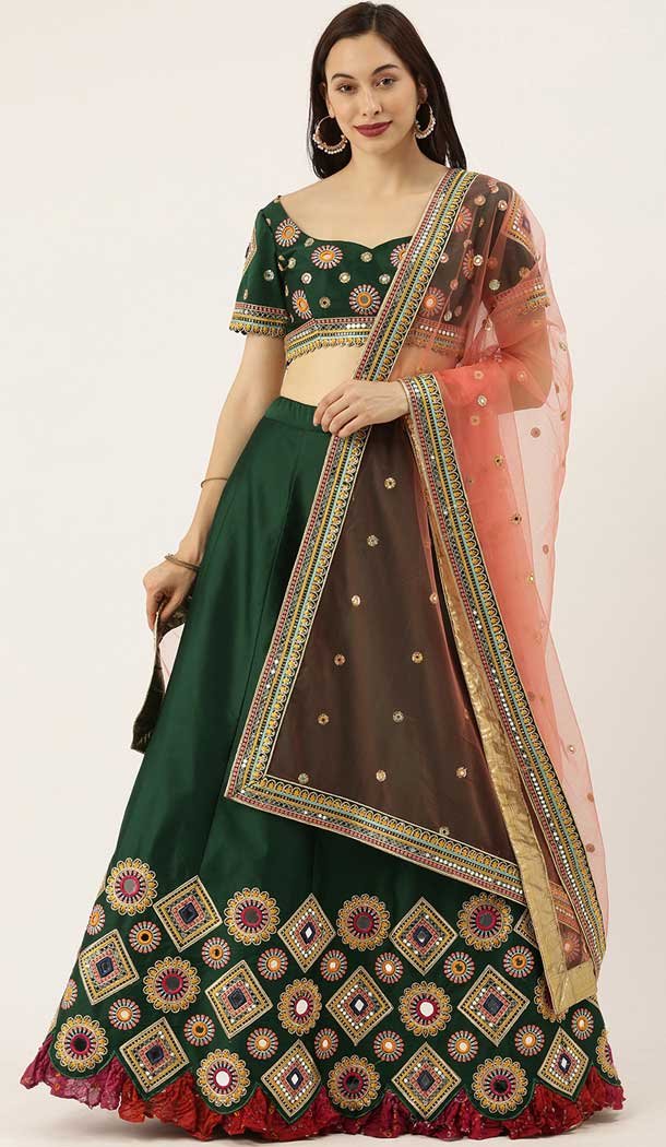 Green Color Satin Silk Designer Heavy Mehendi Sangeet Wear Lehenga Choli -789133144