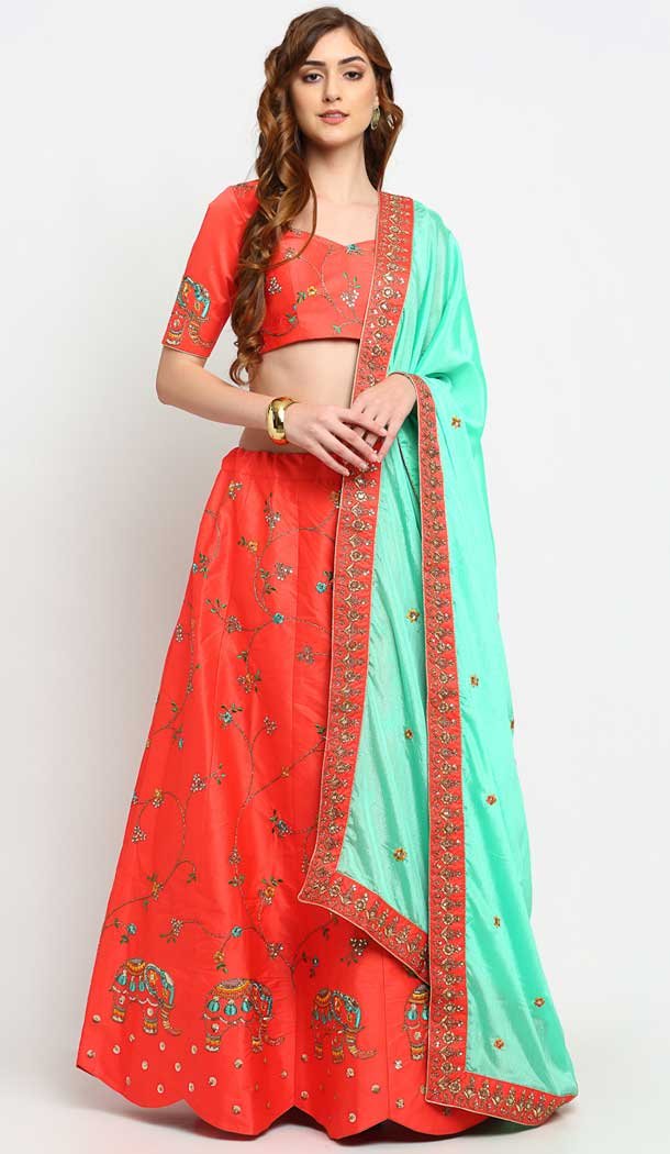 Red Color Satin Silk Designer Heavy Mehendi Sangeet Wear Lehenga Choli -789133148
