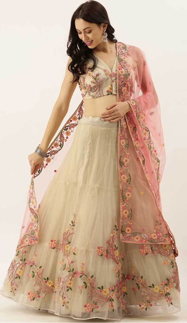 Cream Color Net Wedding Sangeet Garba Wear Lehenga Choli -1790133158