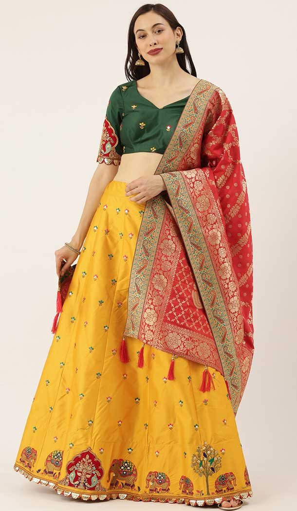 Exquisite Mustard Color Satin Silk Wedding Sangeet Garba Wear Lehenga Choli -1790133164