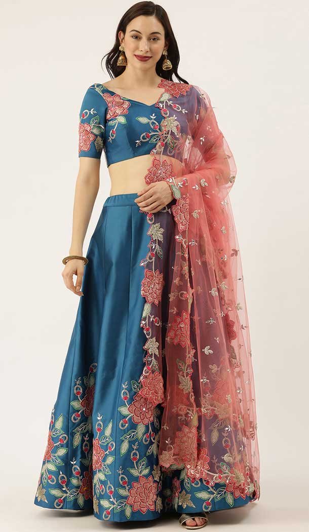 Cobalt Blue Color Satin Silk Wedding Sangeet Garba Wear Lehenga Choli -1790133169