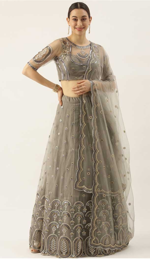 Charcoal Grey Color Net Wedding Sangeet Garba Wear Lehenga Choli -1790133175