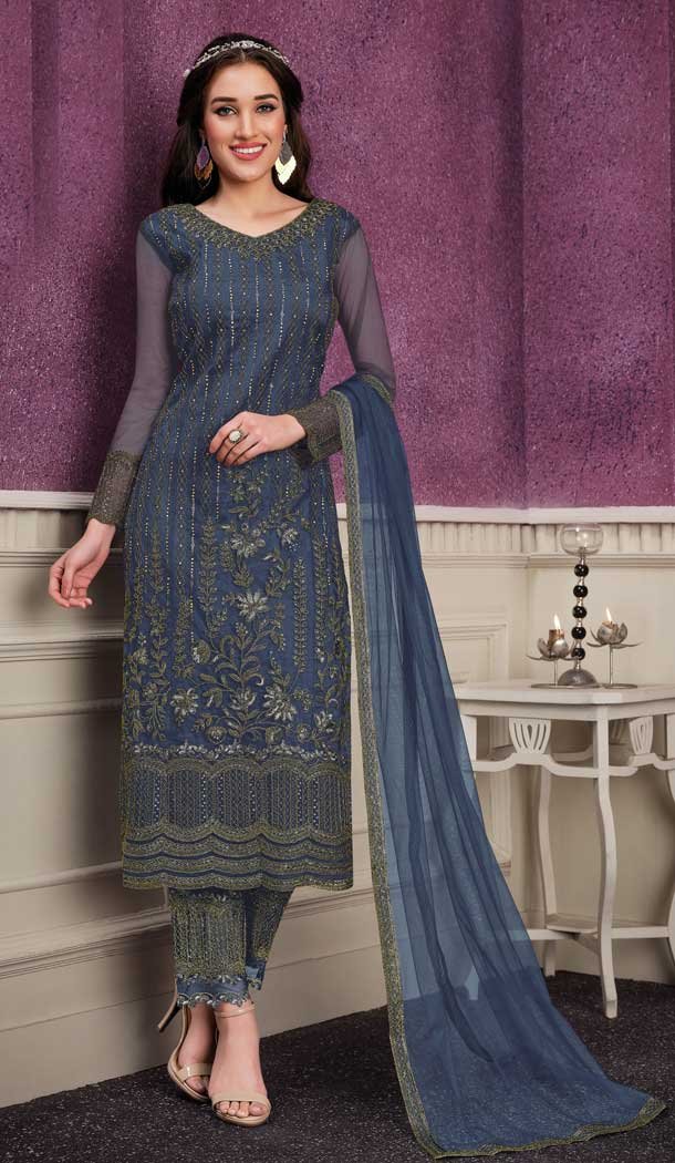 Ethnic Blue Color Net Embroidery Pakistani Style Party Wear Salwar kameez -1806133345