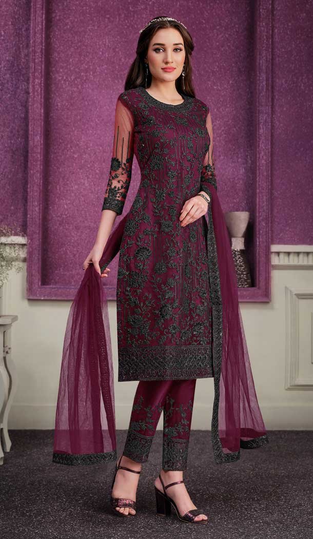 Maroonish Wine Color Net Embroidery Pakistani Style Party Wear Salwar kameez -1806133346