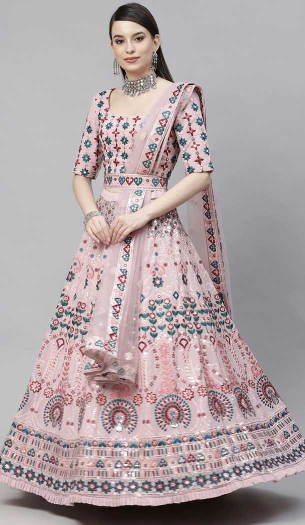 Attractive Pink Color Georgette Heavy Designer Bridal Wear Lehenga Choli -1815133447