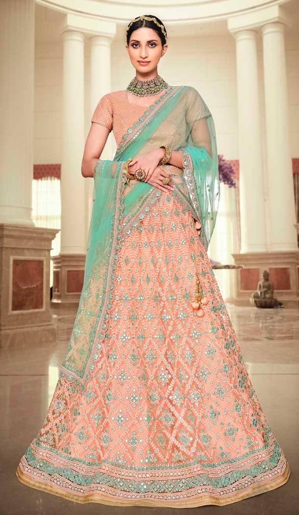 Peach Color Net Heavy Embroidered Work Wedding Lehenga Choli -1859133942