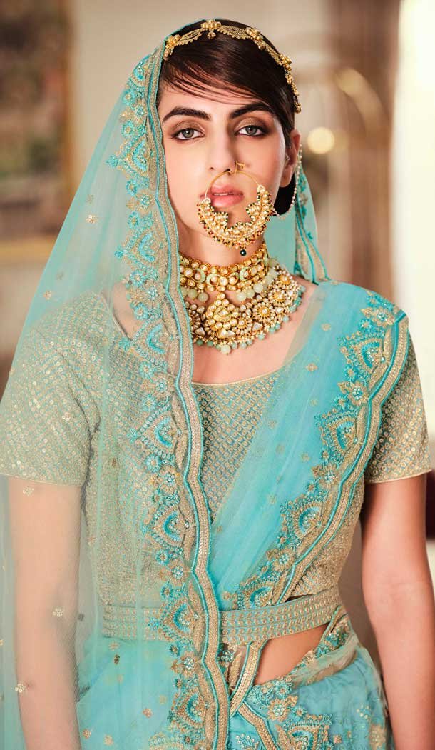 Aqua Color Net Heavy Embroidered Work Wedding Lehenga Choli -1859133943