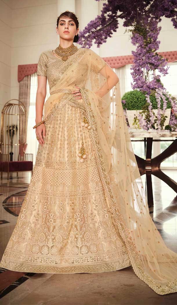 Beige Color Net Heavy Embroidered Work Wedding Lehenga Choli -1859133945
