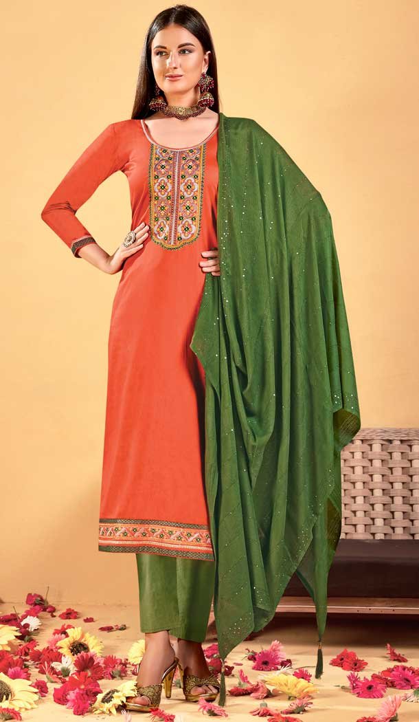 Orange Color Jam Silk Embroidered Casual Office Wear Salwar Kameez -1869134052