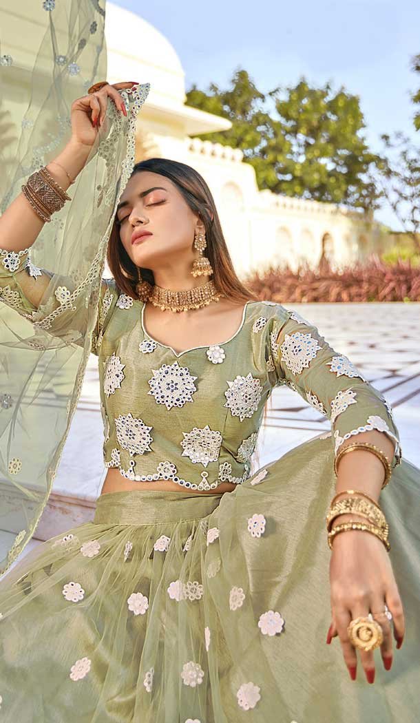 Olive Color Net Heavy Embroidered Sangeet Party Wear Lehenga Choli -1886134164