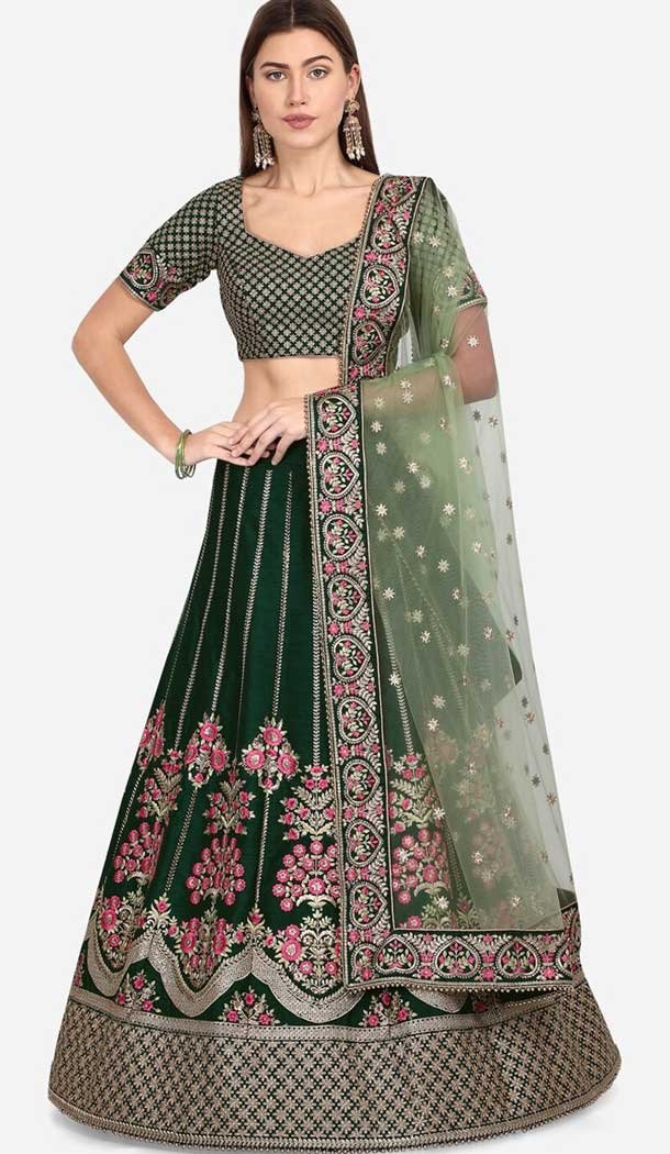 Bottel Green Color Pure Raw Silk Designer Wedding Wear Lehenga Choli -1900134274