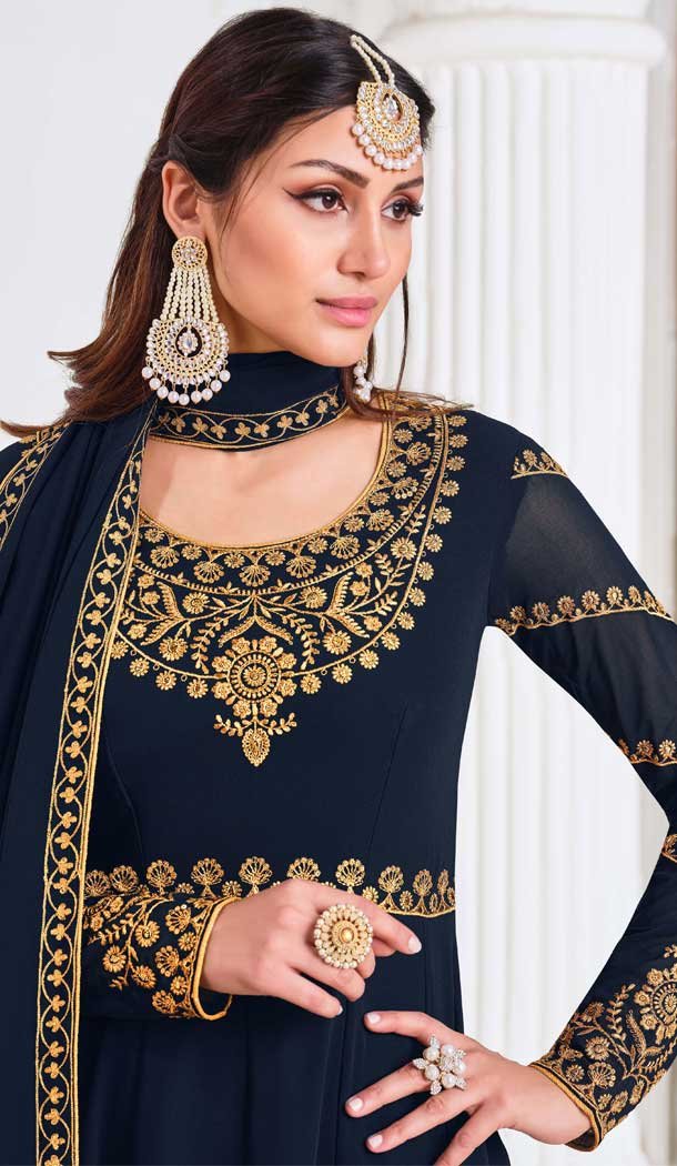 Navy Blue Color Myanmar Georgette Designer Indo Western Salwar Suit -1904134363