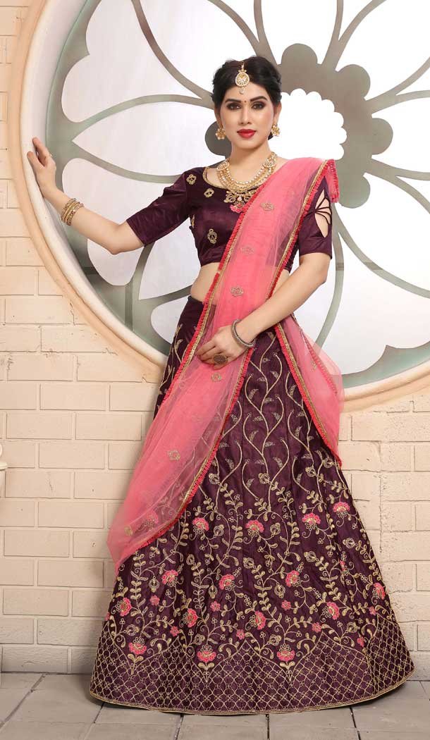 Coffee Color Pure Satin Silk Traditional Wear Women Lehenga Choli -1929134534