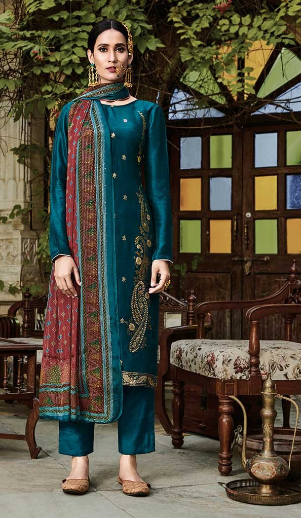 Teal Blue Color Pure Viscose Russian Silk Jacquard Salwar Suit -1969135007