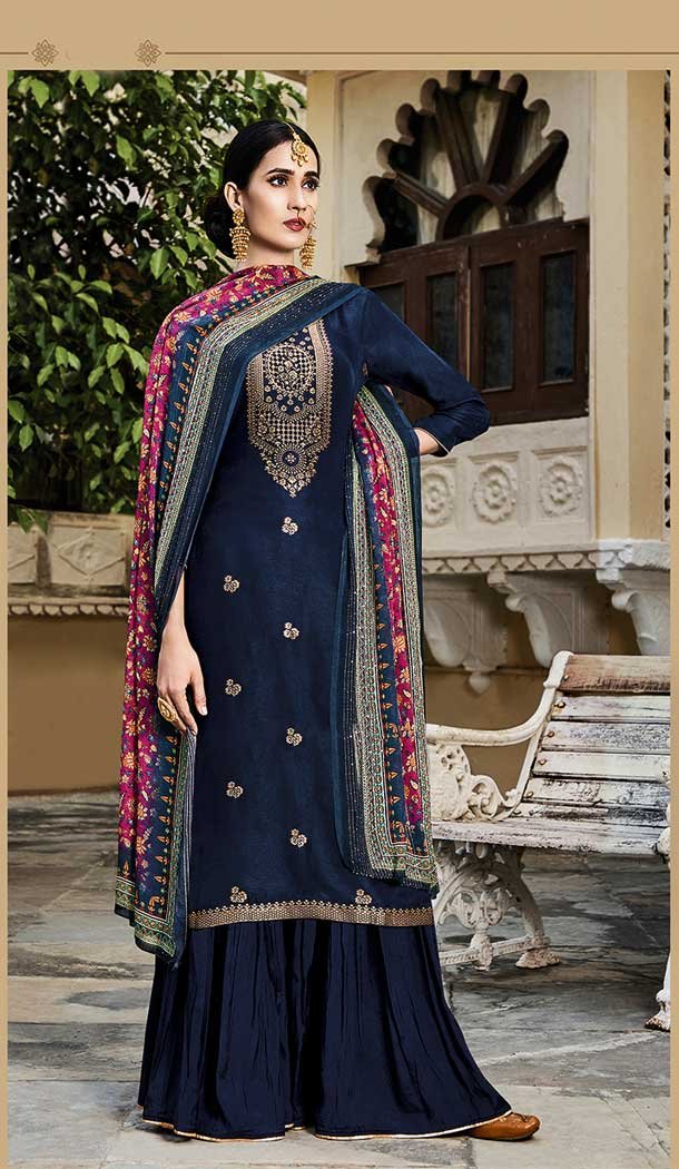 Navy Blue Color Pure Viscose Russian Silk Jacquard Salwar Suit -1969135011