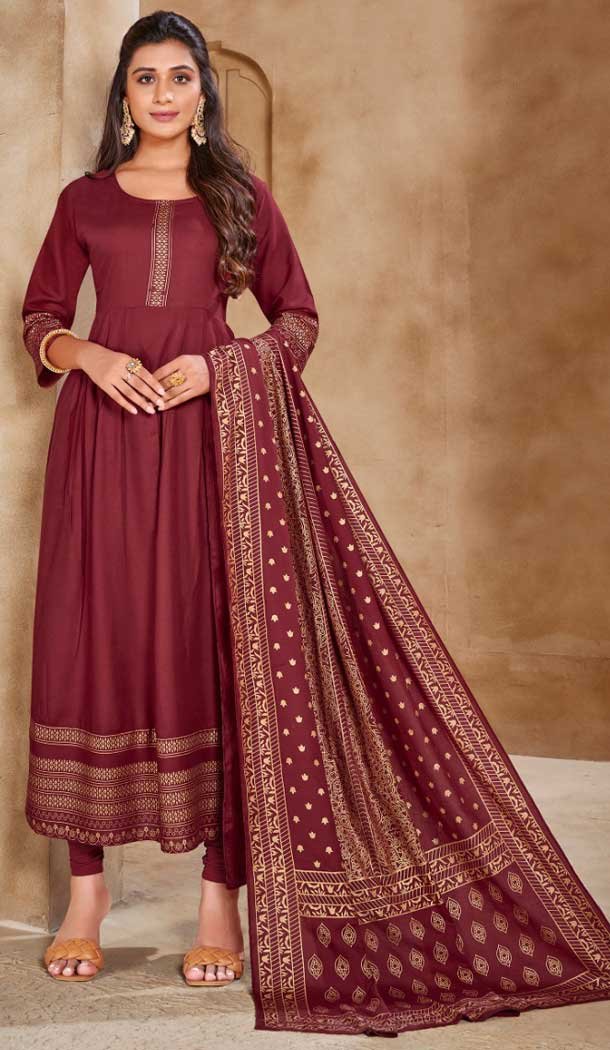 Maroon Color Heavy 14 Kg Rayon Readymade Plus Size Anarkali Suit -1970135012