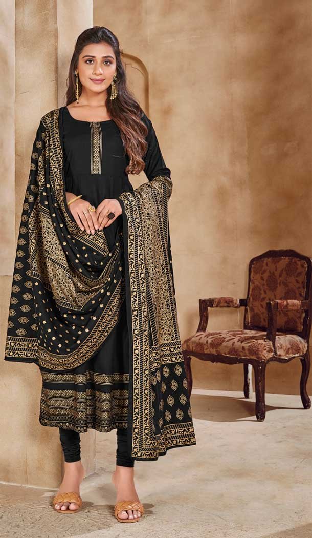Black Color Heavy 14 Kg Rayon Readymade Plus Size Anarkali Suit -1970135015