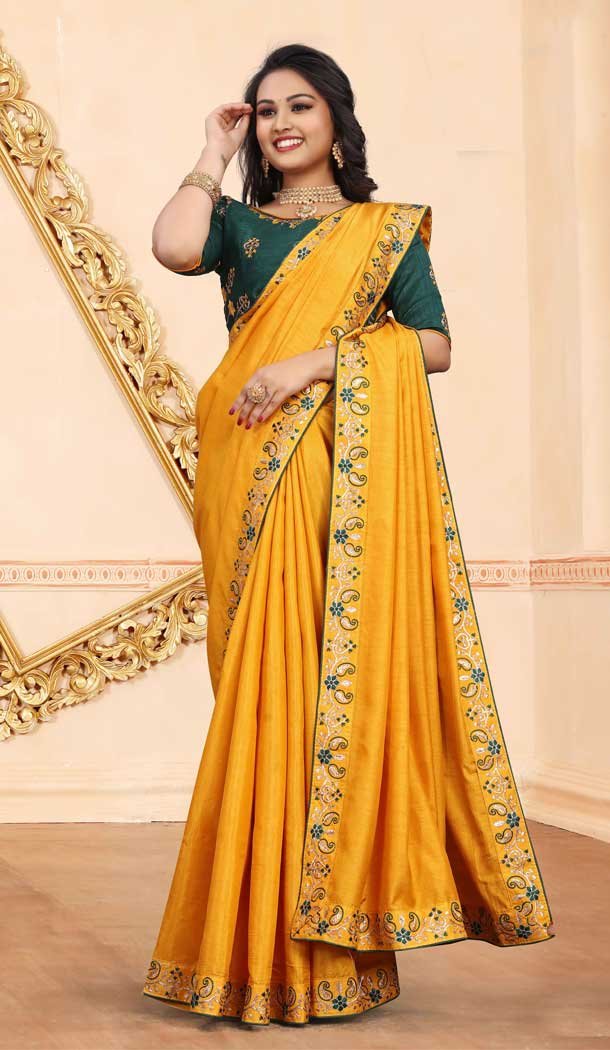 Yellow Color Silk Embroidered Casual Party Wear Saree -2034135488