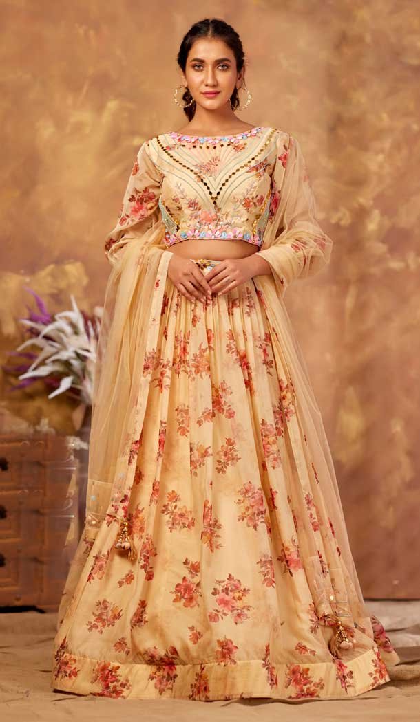 Cream Color Organza Printed Designer Party Wear Lehenga Choli -2044135561