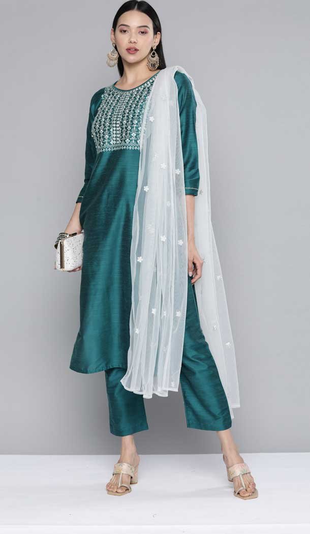 Teal Blue Color South Cotton Party Wear Readymade Salwar Suit -2056135688