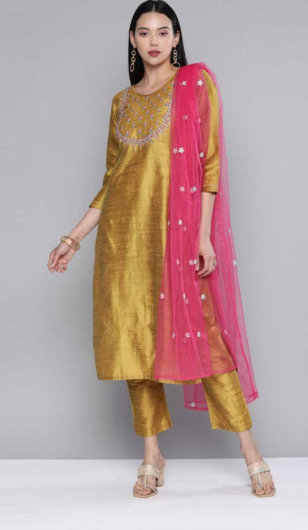 Golden Color South Cotton Party Wear Readymade Salwar Suit -2056135689