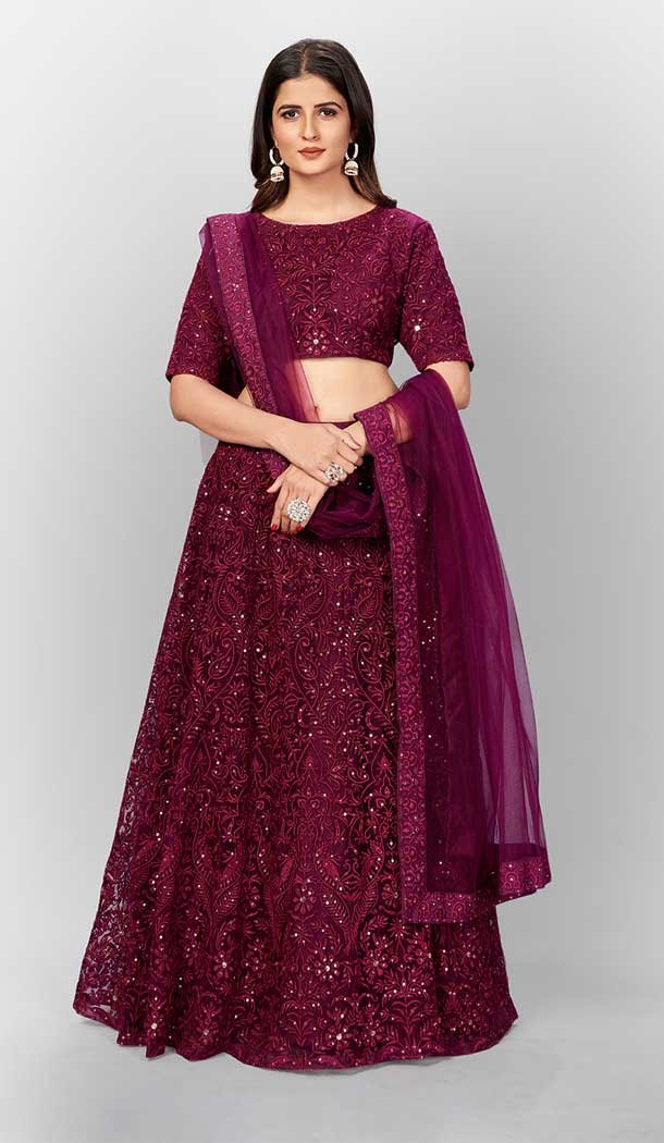 Wine Color Soft Net Designer Party Wear Women Lehenga Choli -2102136058