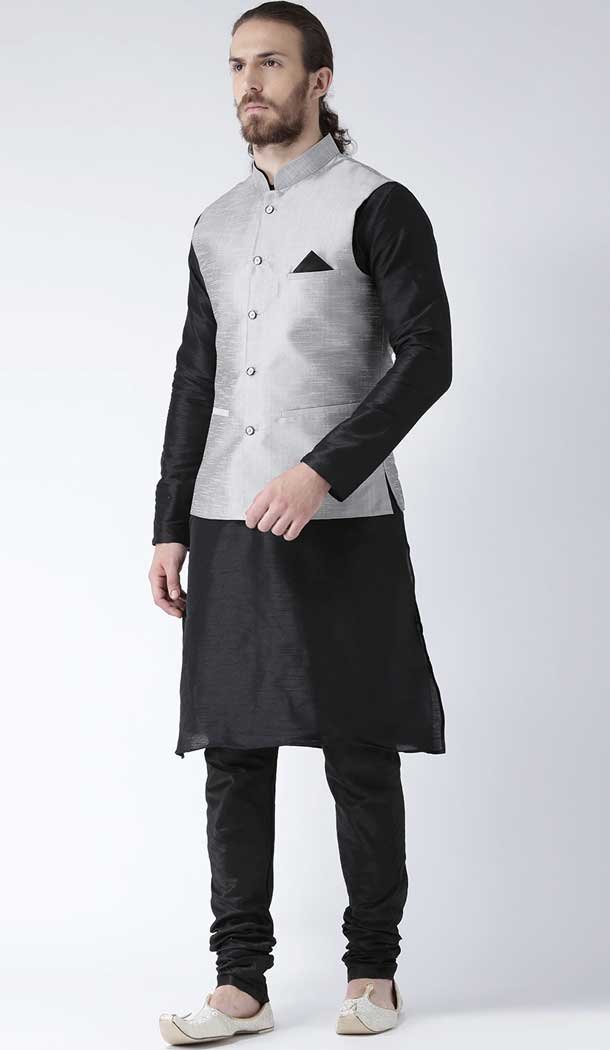 Black Color Art Dupion Mens Readymade Kurta Pyjama With Jacket -2117136268