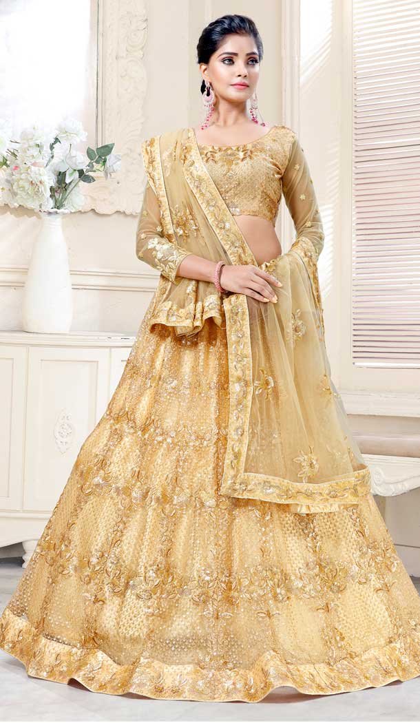 Gold Color Bridal Net Designer Wear Traditional Lehenga Choli -2159136733