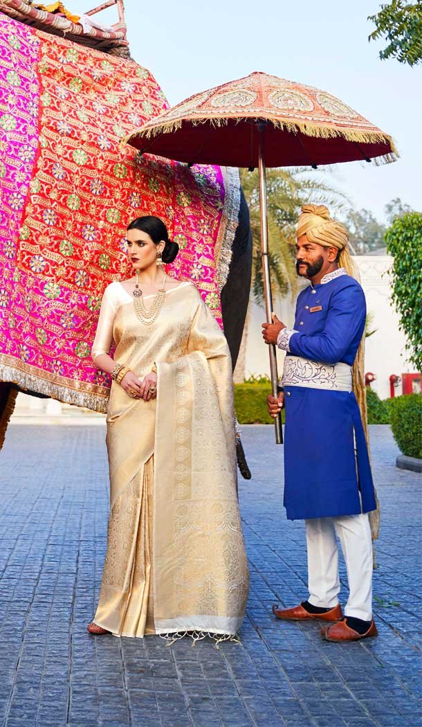 Golden Color Pure Silk Jacquard Work Traditional Wear Saree -2234137411