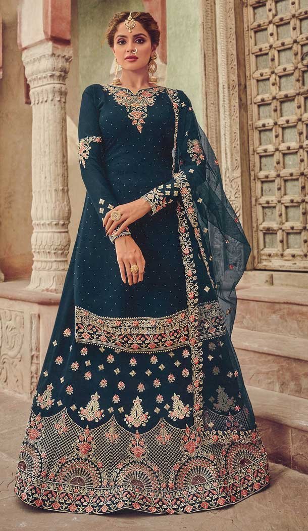 Teal Blue Color Georgette Heavy Designer Festive Wear Lehenga Suit -2243137460