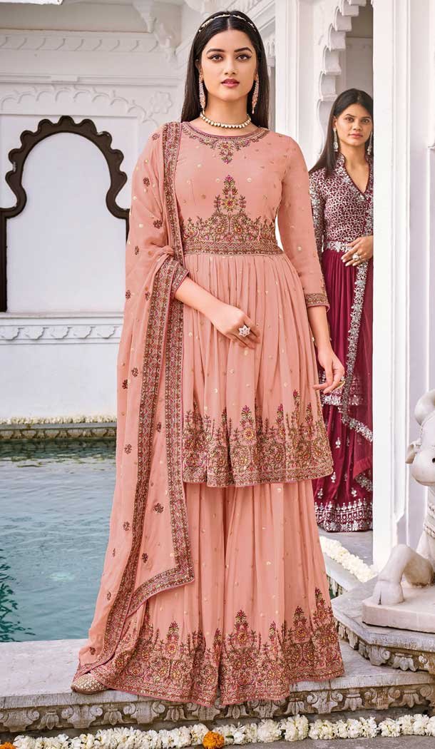 Peach Color Pure Georgette Heavy Designer Festive Wear Gharara Suit -2246137480