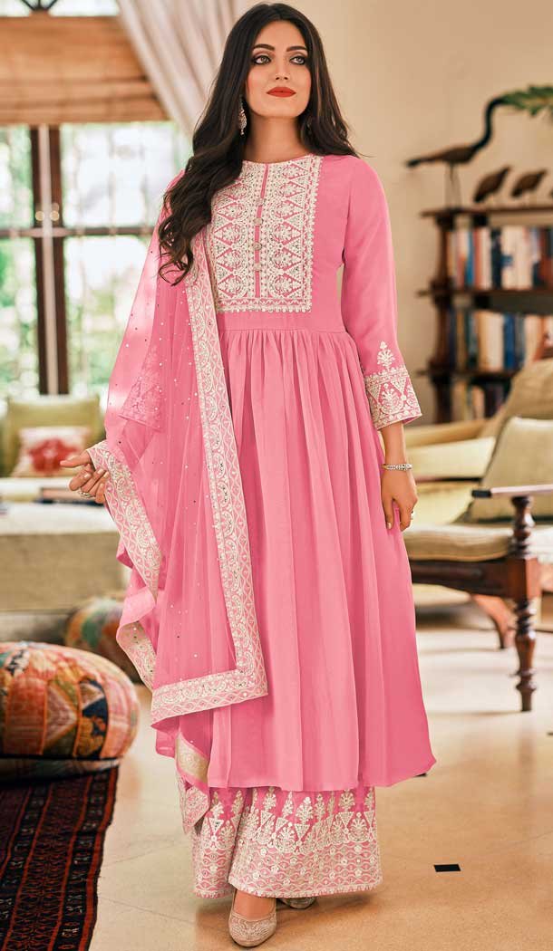 Pink Color Faux Georgette Pakistani Style Evening Wear Palazzo Suit -2247137483