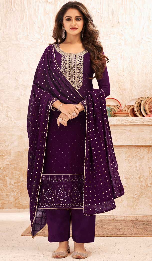 Purple Color Faux Georgette Embroidered Evening Wear Salwar Suit -2248137486