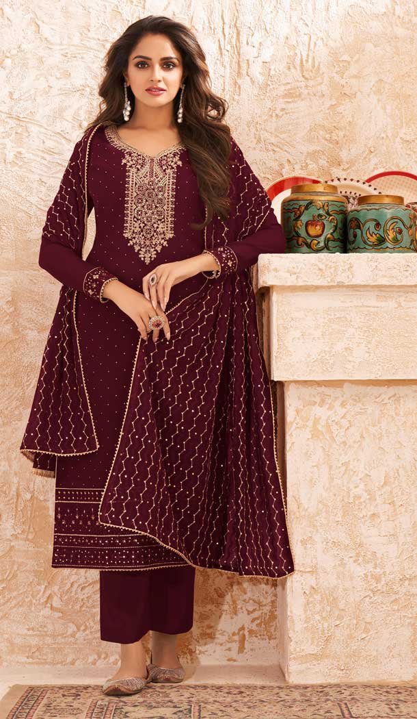 Maroon Color Faux Georgette Embroidered Evening Wear Salwar Suit -2248137489