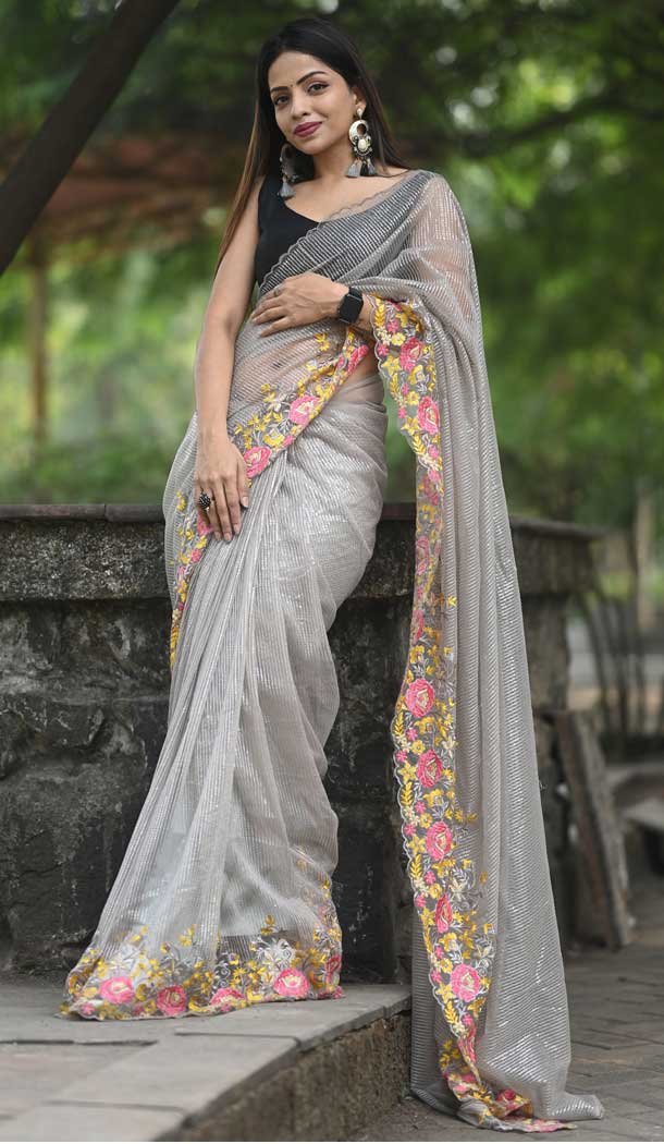 Grey Color Soft Net With Ultra Satin Designer Party wear Saree -2252137520