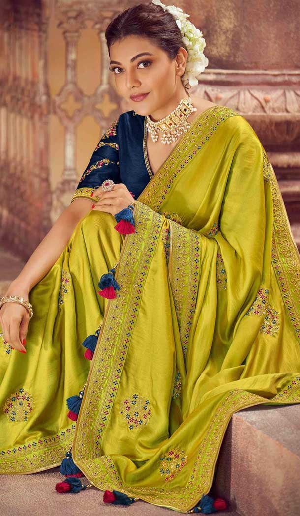 Lemon Yallow Color Moss Chiffon Party Wear Kajal Aggarwal Saree -2280138046