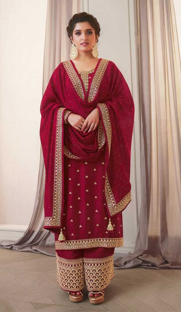 Stunning Rose Pink Color Silk Georgette Festive Wear Palazzo Suit -2244137462