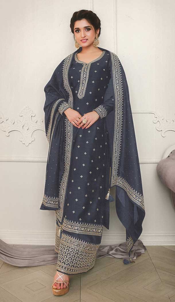Grey Color Silk Georgette Designer Festive Wear Palazzo Suit -2244137468