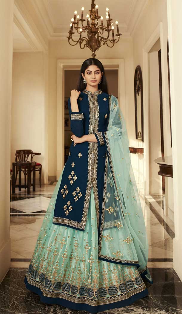Teal Blue Color Faux Georgette Festive Wear Plus Size Lehenga Suit -2245137471