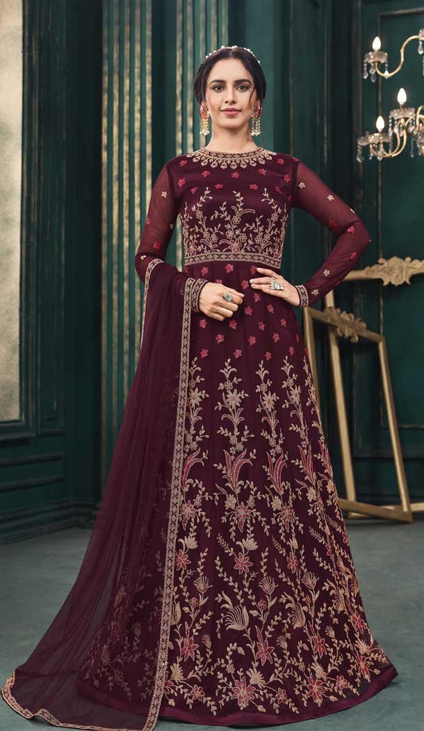 Coffee Color Soft Net Embroidery Pakistani Long Length Anarkali Suit -2303138153