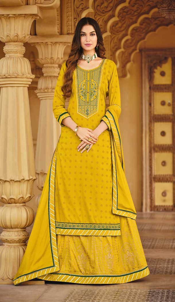 Stunning Yellow Color Heavy Rayon Designer Festive Wear Lehenga Suit - 2321138354