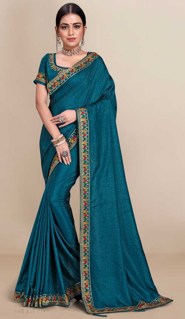Rama Blue Color Vichitra Silk Designer Party Casual Wear Saree - 2381138772