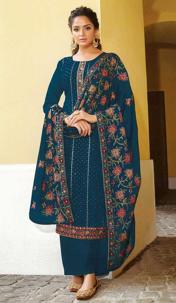 Teal Blue Color Faux Georgette Festive Party Wear Women Palazzo Suit -2391138838