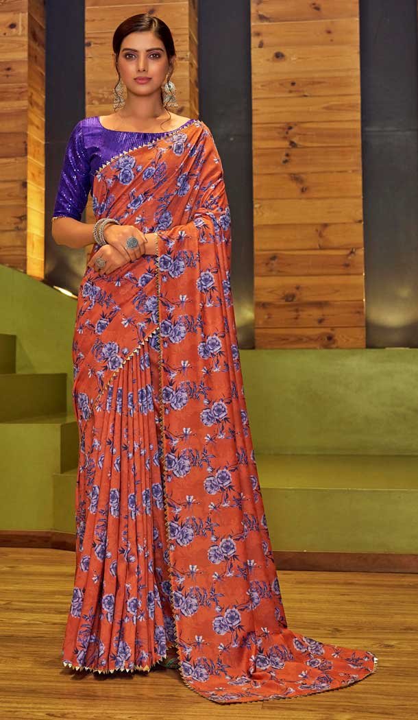 Rust Color Muslin Silk Party Wear Fancy Digital Printed Saree -2420138998