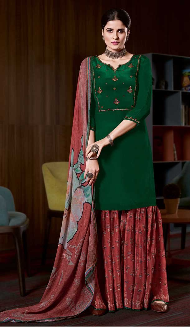 Green Color Pure Natural Crape Embroidered Salwar Kameez -2427139030