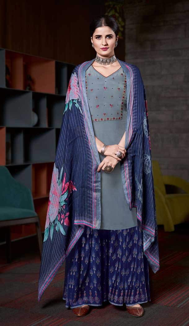 Grey Color Pure Natural Crape Embroidered Salwar Kameez -2427139031